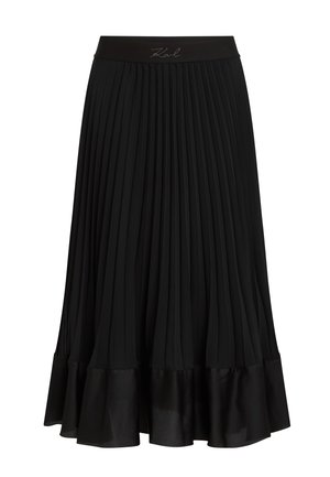 Jupe noire plissée avec un ourlet en satin lisse et une ceinture élastique ornée d'un logo brodé. Fabriquée en tissu léger.