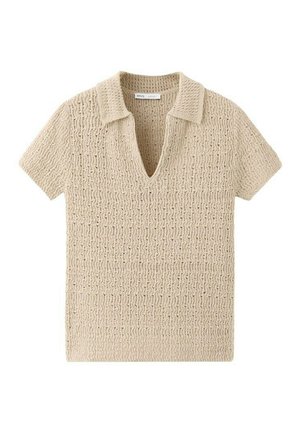 Bež kratka majica polo z odprtim ovratnikom in teksturiranim valovitim vzorcem.