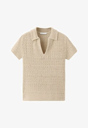 Bež kratka majica polo z odprtim ovratnikom in teksturiranim valovitim vzorcem.