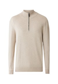 Maglione beige con zip al collo realizzato in morbido tessuto a maglia. Maniche lunghe con polsini e orlo a costine. Design pulito e minimalista con una leggera texture.