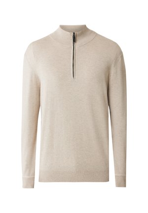 Beige svetr se zipem u krku, vyrobený z měkkého pleteného materiálu. Dlouhé rukávy s žebrovanými manžetami a lemem. Čistý, minimalistický design s jemnou texturou.