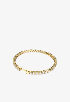 Bransoletka w kolorze złotym z elastycznym wzorem, ozdobiona wieloma przejrzystymi kamieniami z cyrkoniami wplecionymi w powiązany wzór, zakończona zapięciem.
