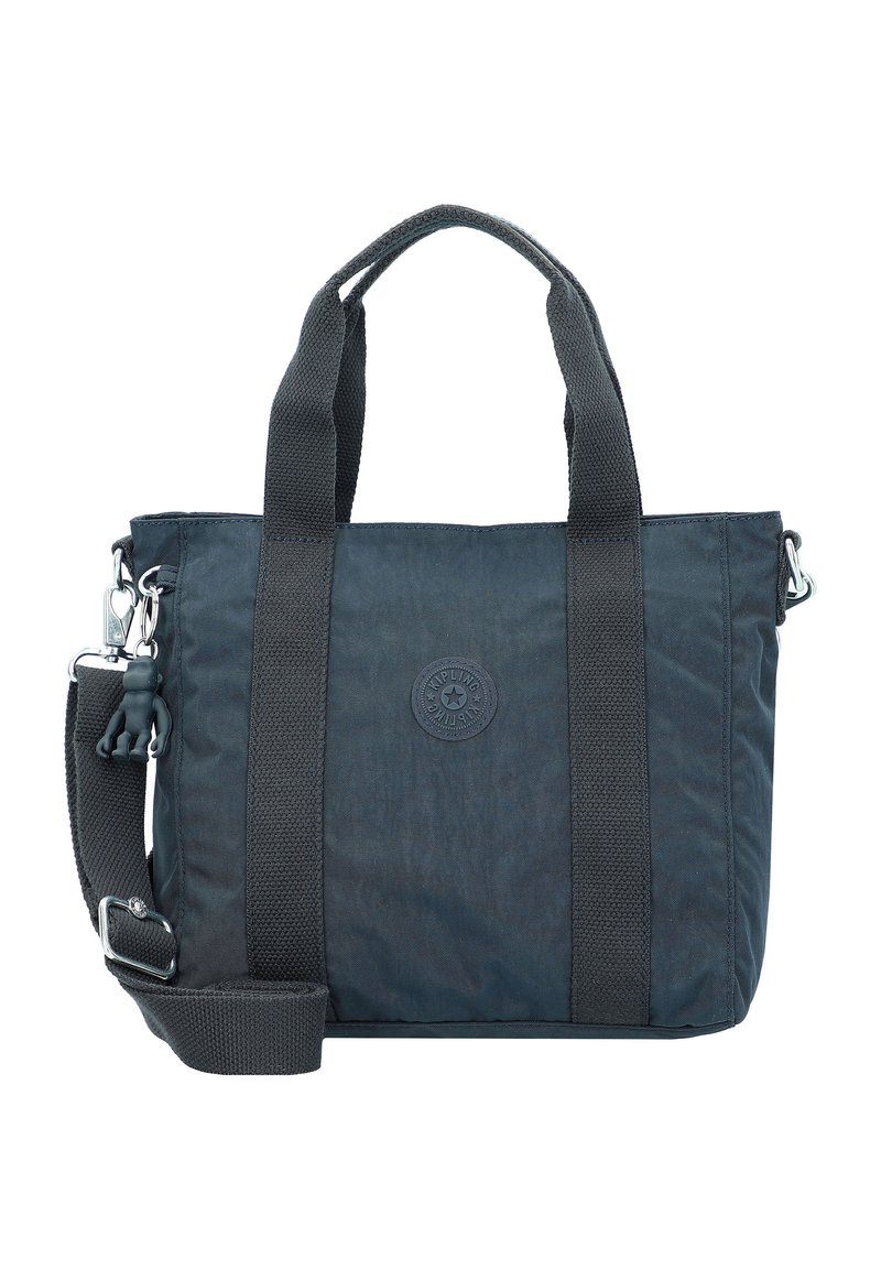 Borsa tote in tessuto blu navy con spallacci neri a contrasto, chiusura con zip e un accento chiave esterno. Presenta una superficie testurizzata e un dettaglio del logo.
