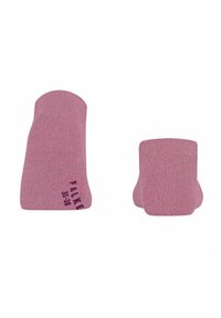Chaussettes de cheville roses en mélange de coton, avec une texture lisse et un poignet côtelé. Nom de la marque et taille imprimés en violet foncé.