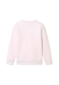 Lichtroze sweatshirt met lange mouwen, ribgebreide boorden en een ronde halslijn. Gladde textuur met een eenvoudige uitstraling en een klein label aan de achterkant.