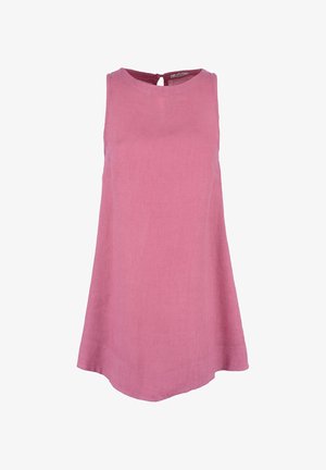 Różowa, bezrękawnikowa sukienka wykonana z lnu, z okrągłym dekoltem i otworem w kształcie łezki z tyłu. Lekko rozszerzający się krój A-line.