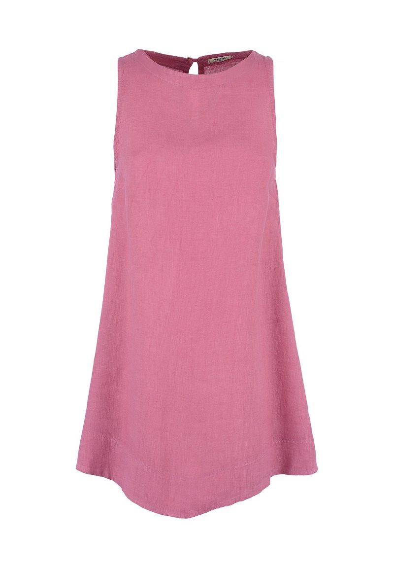 Roze mouwloze jurk van linnen, met een ronde halslijn en een sleufopening aan de achterkant. Vloeiend A-lijn model.