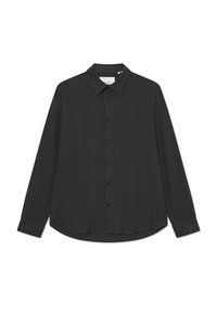 Black long-sleeve shirt featuring a collared neckline, front button closure, smooth texture, and a rounded hem at the bottom.