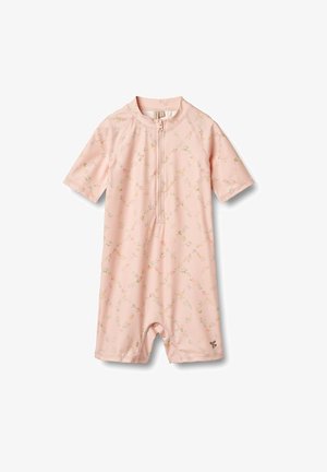 Růžový overál s krátkým rukávem vyrobený z elastické tkaniny, s květinovým vzorem, předním zipem a elastickým spodním lemem pro snadné oblékání.