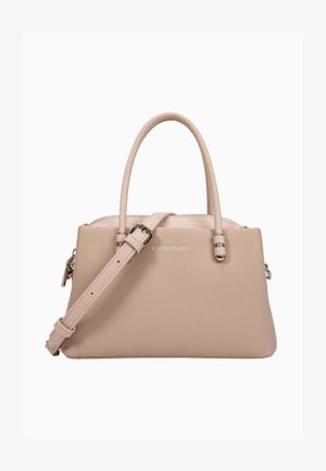 Sac à main en cuir beige texturé avec deux poignées, une bandoulière réglable et un petit logo métallique au centre devant.