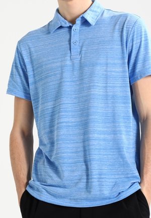 Niebieska koszulka polo z krótkim rękawem, z zapięciem na dwa guziki, o subtelnej heatherowanej fakturze i luźnym kroju. Miękki, oddychający materiał.