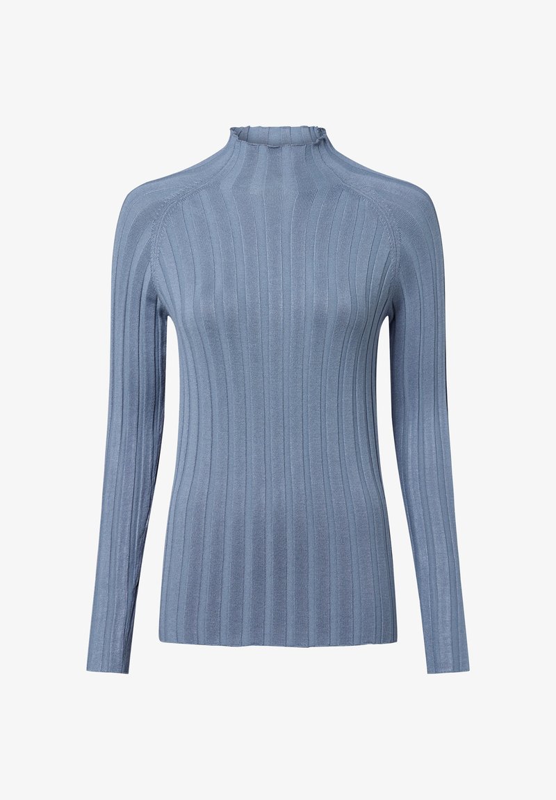 Helles blaues, geripptes Langarmoberteil mit einem Stehkragen und taillierter Silhouette. Verfügt über eine subtile Textur und einen weichen, dehnbaren Stoff.
