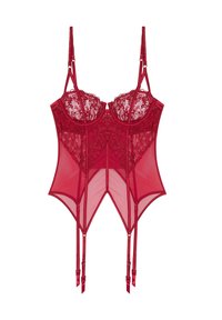 Red lingerie with lace detailing, sheer mesh panels, and adjustable straps. Features a structured bodice and removable garter straps.