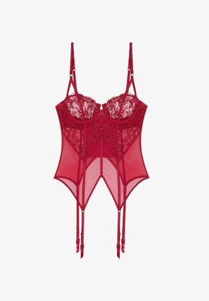 Rote Dessous mit Spitzenverzierungen, durchsichtigen Netzpaneelen und verstellbaren Trägern. Verfügt über ein strukturiertes Oberteil und abnehmbare STRUMPSHALTER.