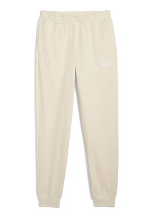 Beige sweatpants met elastische tailleband en zijzakken. Heeft een wit "Puma" logo op het linkerpoot. Zacht materiaal en tapered leg ontwerp.