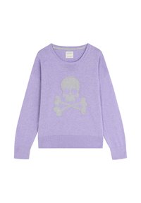 Suéter lila hecho de material suave con un diseño de calavera y tibias cruzadas plateado en el frente. Puños y dobladillo acanalados.