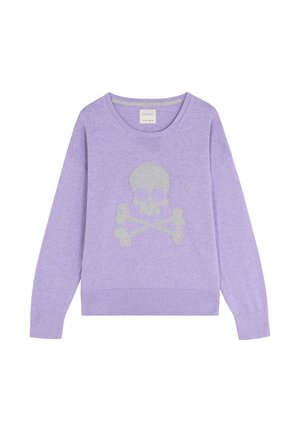 Suéter lila hecho de material suave con un diseño de calavera y tibias cruzadas plateado en el frente. Puños y dobladillo acanalados.