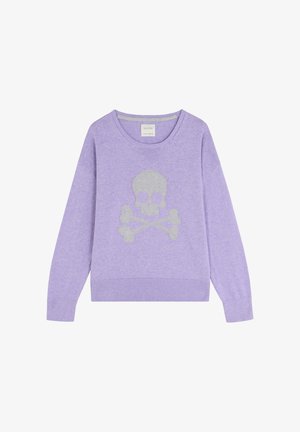 Pull lilas en matériau doux avec un design de tête de mort et os croisés en argent sur le devant. Poignets et ourlet côtelés.