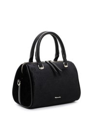 Sac à main noir texturé avec doubles poignées arrondies, fermeture éclair argentée et petit logo argenté à l'avant, présenté sur un fond blanc.