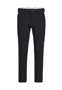 Černé slim fit pánské společenské kalhoty s poutky na opasek a předním zapínáním na knoflík.