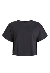 T-shirt nera cropped realizzata in tessuto morbido, con maniche corte, scollatura rotonda e un dettaglio di cucitura centrale nella parte anteriore.