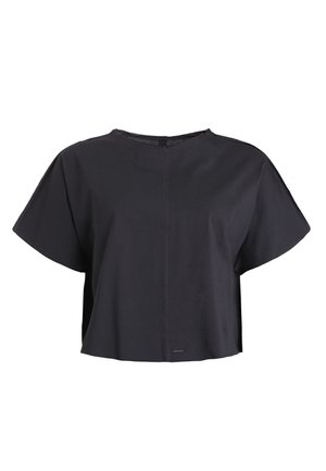 Must have musta lühem t-särk pehmest kangast, lühikeste varrukatega, ümmarguse kaelusega ja keskel õmbluse detailiga ees.