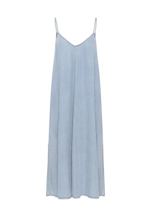 Svetle modré džíny šaty s tenkými ramínky, výstřihem do V, bočními rozparky a volným A-liniovým střihem. Hladká textura, ležérní design.