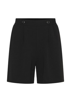 Melni piegriezuma šorti ar elastīgu jostasvietu un divām melnām pogām priekšpusē, priekšējām locītavām un tīru apakšu.