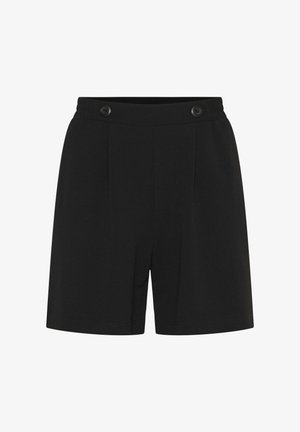 Melni piegriezuma šorti ar elastīgu jostasvietu un divām melnām pogām priekšpusē, priekšējām locītavām un tīru apakšu.