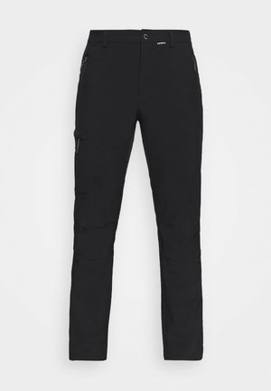 Pantalones de senderismo negros hechos de tejido duradero, con dos bolsillos frontales con cremallera, paneles en las rodillas y correas ajustables en la cintura y los puños.
