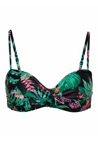 Top bikini nero con spalline regolabili, caratterizzato da una stampa floreale tropicale in verde, rosa e rosso. Design raccolto sul davanti per dare forma.