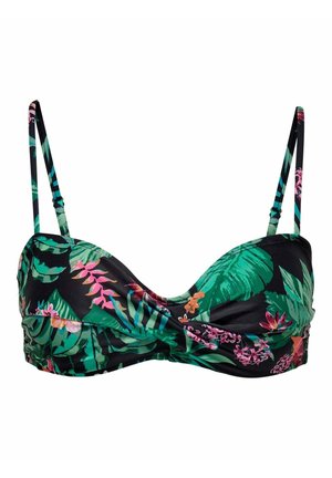 Top bikini nero con spalline regolabili, caratterizzato da una stampa floreale tropicale in verde, rosa e rosso. Design raccolto sul davanti per dare forma.