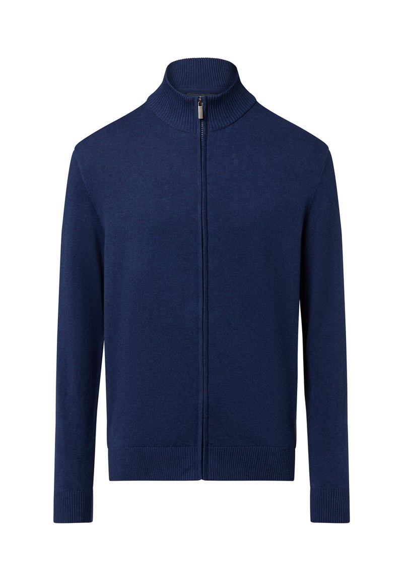 Dunkelblauer Reißverschluss-Pullover mit einem gerippten hohen Kragen und Bündchen. Der Stoff wirkt glatt mit einer dezenten Textur und endet auf Hüfthöhe.