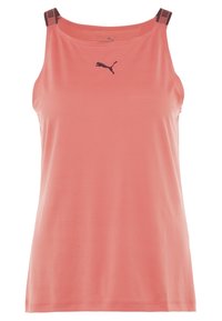 Różowy, bezrękawnik sportowy wykonany z lekkiego materiału, z teksturowanym wzorem oraz małym czarnym logo Puma na piersi.