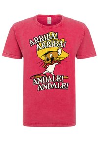Red T-shirt featuring a cartoon character wearing a sombrero, with the text "ARRIBA! ANDALE!" in bold black and white. Soft, cotton material.