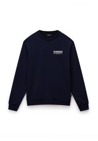 Marineblå sweatshirt med ribbede manchetter og kant, rund halsudskæring og et lille logo-patch på brystet. Lavet af blødt, tekstureret stof.