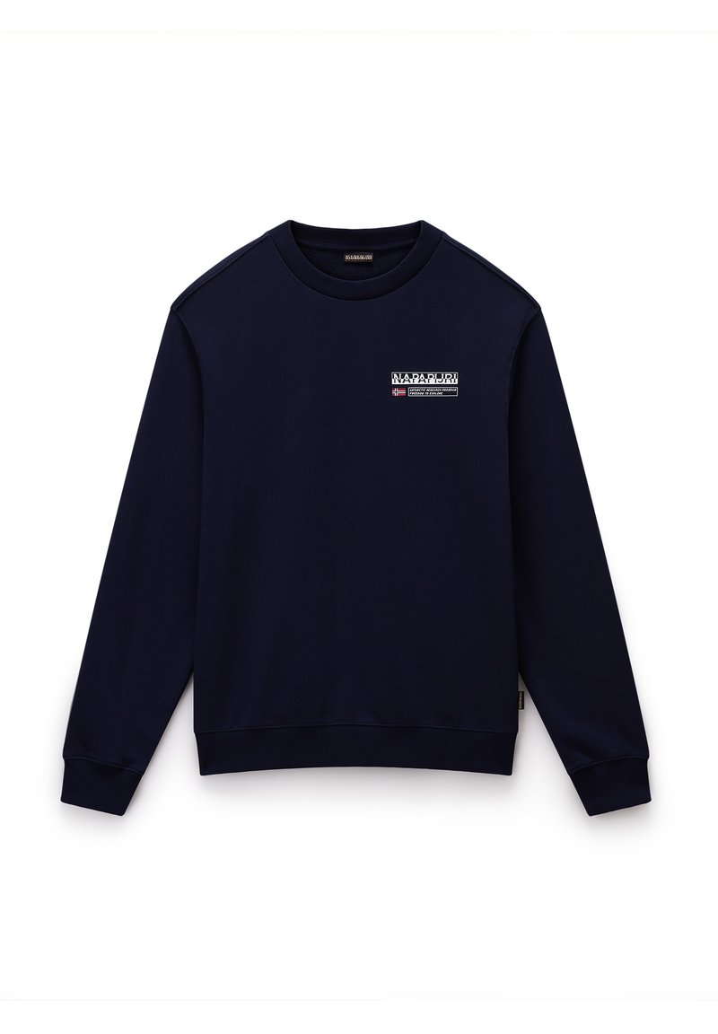 Marineblå sweatshirt med ribbede manchetter og kant, rund halsudskæring og et lille logo-patch på brystet. Lavet af blødt, tekstureret stof.