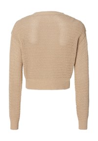 Beige, kurz geschnittener Strickpullover mit losem, offenem Maschenbild, langen Ärmeln und geripptem Saum. Texturiertes Design mit entspanntem Schnitt.