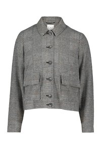 Krótka kurtka w szaro-brązową kratę z długimi rękawami, kołnierzem, z przodu na guziki oraz z dwiema kieszeniami z klapkami.