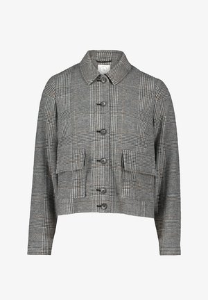 Krótka kurtka w szaro-brązową kratę z długimi rękawami, kołnierzem, z przodu na guziki oraz z dwiema kieszeniami z klapkami.