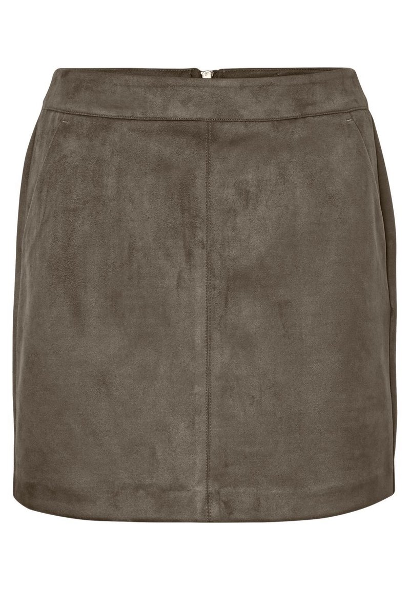 Brun mockasnörskjol i en mjuk textur, med en bakre dragkedja och enkla sömdetaljer för en ren, minimal design.