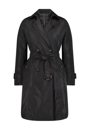 Cappotto impermeabile nero caratterizzato da un design doppiopetto, vita con cintura e spalline. Tessuto liscio con silhouette strutturata.