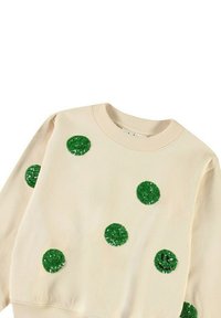 Vaaleanbeige collegepaita, jossa on erikokoisia vihreitä paljettisovitteita ympyränmuodossa, ribattu kaula-aukko ja hihansuut sekä pehmeä tekstuuri.