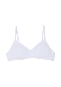 Bralette bianco in cotone con design a forma di V, spalline sottili regolabili e dettagli di cucitura sottili lungo i bordi.