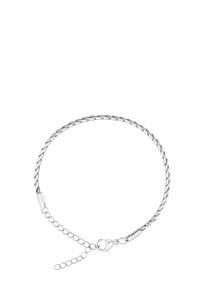 Bracciale in argento con catena attorcigliata, dotato di un gancio a moschettone e catena regolabile. Presenta una finitura liscia e un design slanciato.