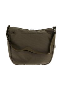 Sac messager en tissu marron avec une bandoulière réglable et un compartiment principal zippé, présenté sur un fond blanc.