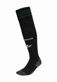 Sorte knælange strømper med grønne striber øverst, med en tekstureret grå hæl og tå samt hvid "VENTUS" logo med adidas blademblem.