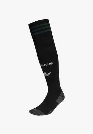 Schwarze knielange Socken mit grünen Streifen oben, ausgestattet mit einer strukturierten grauen Ferse und Zehen sowie einem weißen "VENTUS"-Logo mit adidas-Blattemblem.