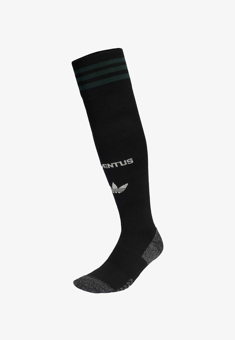 Sorte knælange strømper med grønne striber øverst, med en tekstureret grå hæl og tå samt hvid "VENTUS" logo med adidas blademblem.