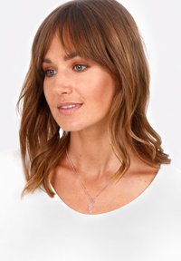 Hõbedavärviline kaelakee, millel on lehekujuline ripats, õhukese kettaga ja siledapinnaline, kantud inimese poolt, kellel on keskmise pikkusega juuksed.